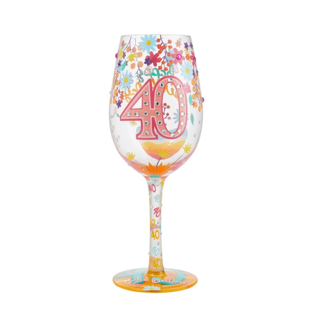 Brand New Lolita Happy 40th Birthday Handpainted Wine Glass, 15 oz.
